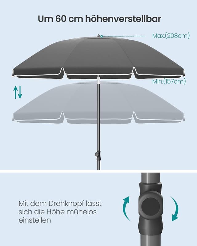 Thumbnail 6 de SONGMICS Sonnenschirm 180 cm mit UPF 50+ und beidseitigem 30°-Knick, höhenverstellbar, grau (GPU062GZ01)