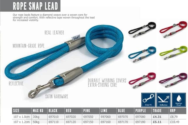 Detalle 2 de Ancol Viva Reflective Rope and Leather Snap Dog Lead (Red) – Weatherproof poly-weave with reflective weave