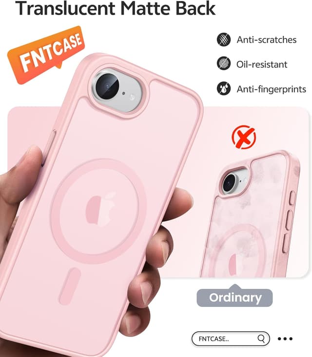 Detalle de FNTCASE iPhone 16e case (MagSafe compatible) — matte translucent protective cover, light pink