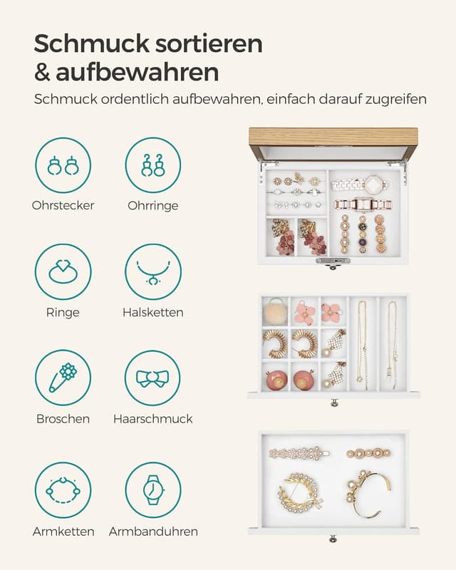 Detalle de SONGMICS Schmuckkästchen JOW15WN mit großem Spiegel, 3 Ebenen und 2 Schubladen, abschließbar (weiß-holzfarben)