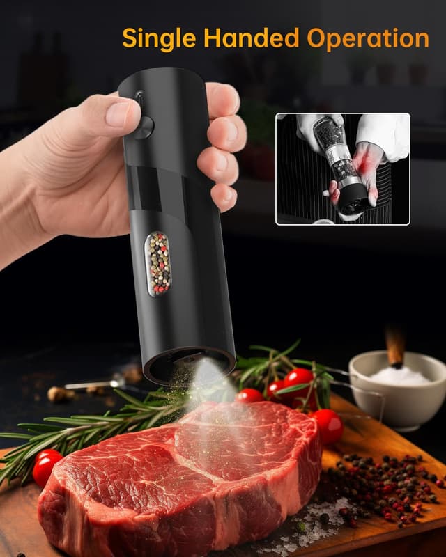 Detalle de CIRCLE JOY Elektrische Salz- und Pfeffermühle Set mit Sockel, wiederaufladbar, einstellbarer Grobheit und LED-Licht (schwarz, 110 ml)