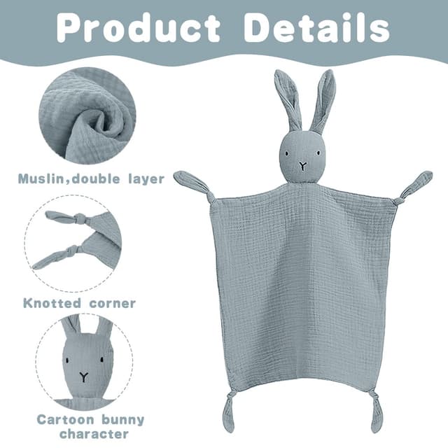 Thumbnail 2 de Vicloon Schmusetuch mit Hase-Köpfchen – Kuscheltuch aus 100% Bio-Baumwolltüll (31 x 31 cm), Grau