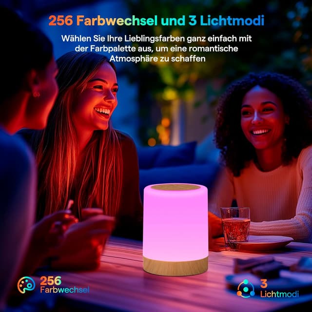 Detalle 2 de Bonsery Touch dimmbare Nachttischlampe mit 256 Farben, USB-Akku & Timer