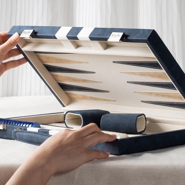 Detalle de Lingle 15-inch Backgammon Set for Adults with Folding Faux Leather Case (Blue)