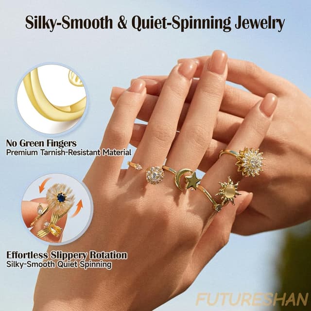 Detalle 2 de 10Pcs Fidget Anxiety Rings (Adjustable Spinner Rings) — Moon, Sun, Butterfly, Galaxy & More CZ Stress Relief