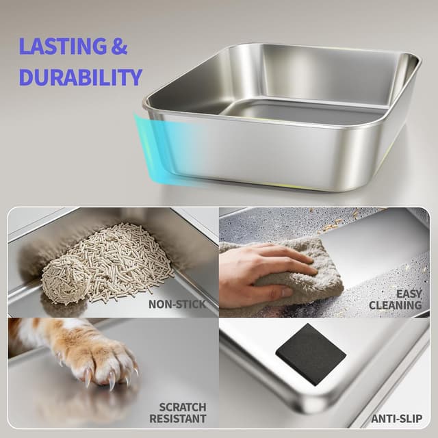 Detalle de Fusblom 2 Pack Stainless Steel Cat Litter Tray with Scoops (High-Sided, Non-Sticky) – Dark Grey & Light Grey