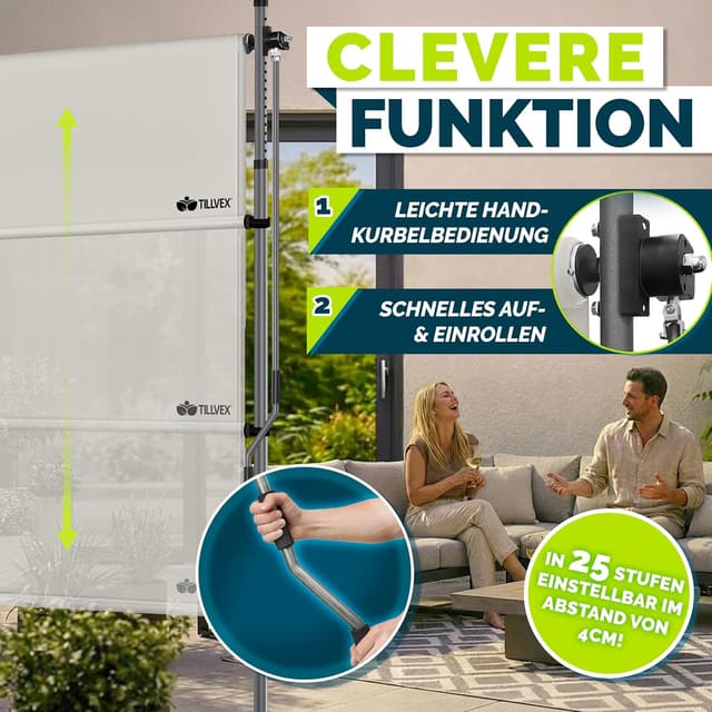 Detalle de tillvex® Klemmmarkise Senkrechtmarkise mit Handkurbel – Sichtschutz ohne Bohren (Beige, 120x310 cm)