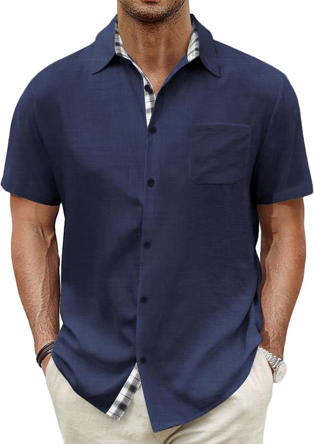 Detalle de HMIYA Herren Kurzarmhemd aus 100% Baumwolle im Button-Down-Stil für Sommer, Strand & Freizeit