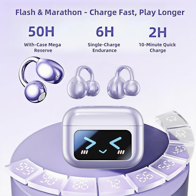Thumbnail 6 de Elegant Touchscreen Clip-On Earbuds (Open-Ear, Bluetooth 6.0) with 1.3" Display, 50H Playtime, IPX5, Purple