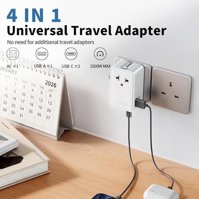 Detalle de UPXNBOR Ultra-flacher Reiseadapter 2026 mit 1× USB-A und 2× USB-C (weltweit)