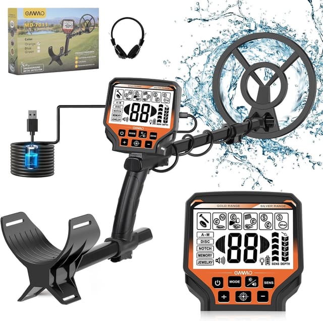 Detalle de OMMO Type-C Metalldetektor für Erwachsene im Profi-Set (6 Modi, IP68 10'' Spule, 70–125 cm)