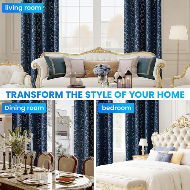 Thumbnail 6 de Ystyle rideau occultant en velours marine, lot de 2 panneaux 117x137 cm (anti-chaleur, anti-bruit)