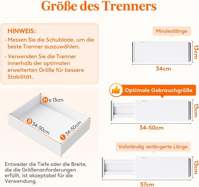 Detalle de Lifewit 4er Set Schubladentrenner, verstellbar für Schubladen-Innenlängen 34–50 cm (weiß)