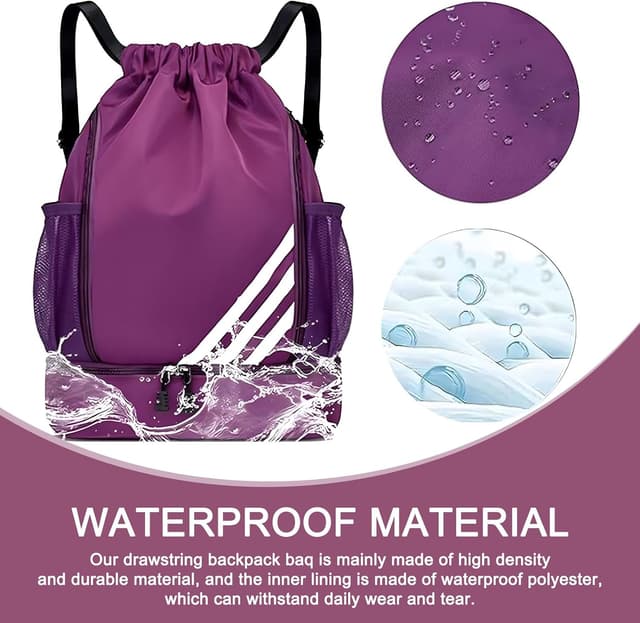 Detalle de Kids & Adults drawstring swimming bags – waterproof gym drawstring backpack with shoe compartment (Purple)