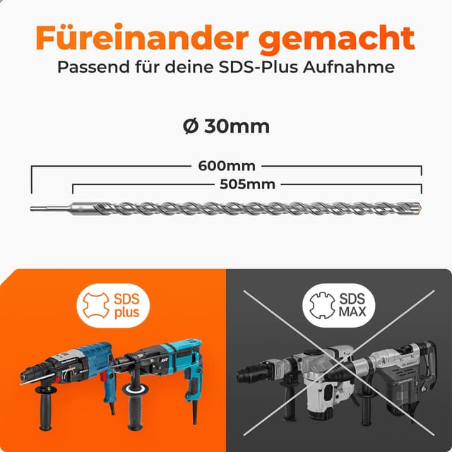 Detalle 2 de SDS-Plus-Bohrer BAUBECK 30 x 600 mm für Beton & Stein – SDS-Plus Schaft, 4 Schneiden, 40CR-Stahl