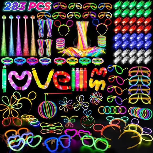 Detalle de SHQDD Glow-in-the-Dark Party Favors Bundle (LED & Glow Sticks), 27 Carnival Accessories + 100 Glow Sticks