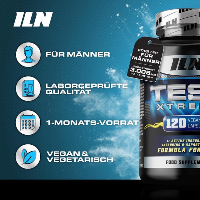 Detalle de Test Xtreme Booster Kapseln für Männer von Iron Labs Nutrition – 120 vegane Kapseln mit D-Asparaginsäure, Maca, Zink & Magnesium