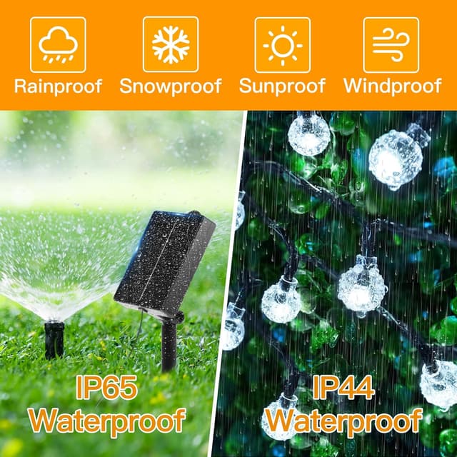 Detalle de Ollny Solar Outdoor Garden Fairy Lights (12m, 100 LED, Cool White crystal ball) – IP65/IP44 globe string lights