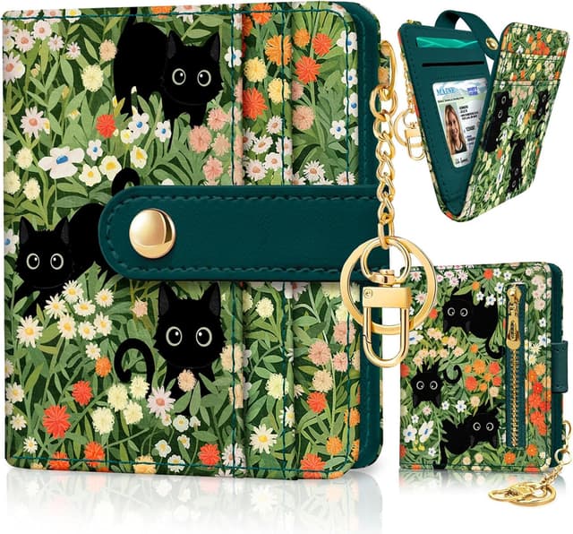 Detalle de Jogjam Black Cat Floral RFID Women Wallet – Small Slim Bifold Credit Card Wallet with Zipper Coin Pocket