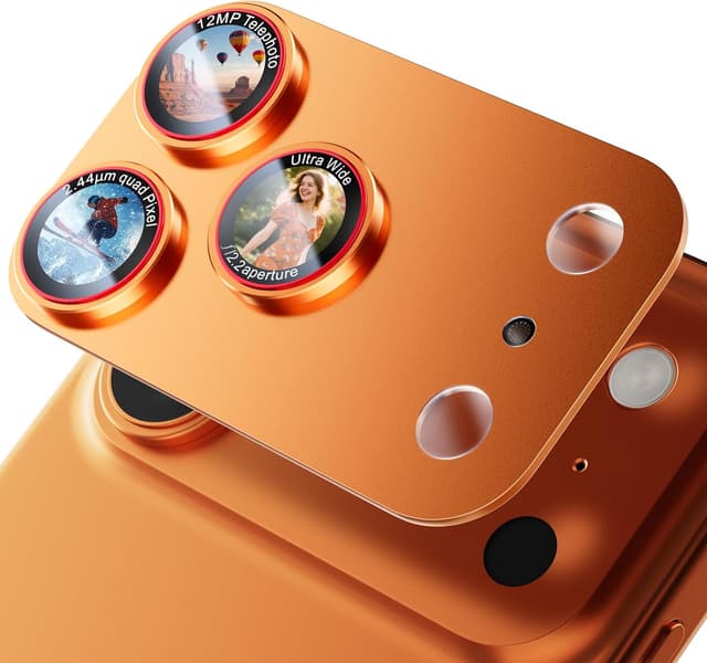 Detalle de X-it iPhone 17 Pro Max Camera Lens Protector (Orange) — 9H Tempered Glass, 1:1 Fit, Case-Friendly Adhesive