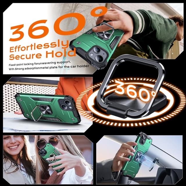 Detalle de Anqrp Armor Handyhülle für iPhone 15 mit Ringhalter und Stoßschutz (Dunkelgrün)