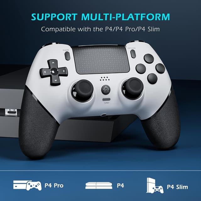 Detalle 2 de CHEREEKI manette PS4 sans fil Bluetooth avec joysticks à effet Hall, double vibration et micro-macro Turbo (blanc)