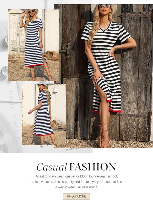 Detalle de Dokotoo Womens Short Sleeve Maxi T-Shirt Dress with Color Block Stripes & Side Split