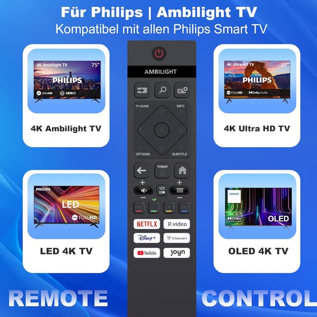 Detalle 2 de Universelle Infrarot-Fernbedienung für Philips Smart TV (OLED, QLED, The Xtra, The One, 4K, Ambilight) – Ersatz für Original