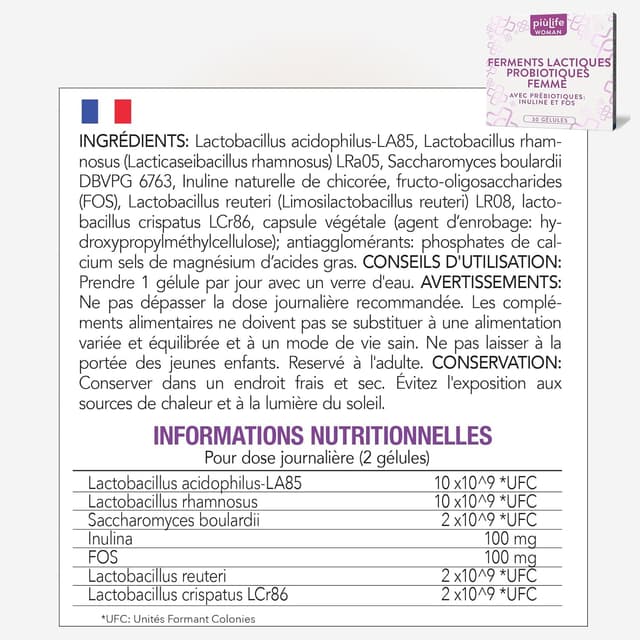 Thumbnail 6 de Probiotique Flore Intime PiùLife – 26 Mds UFC, Lactobacillus crispatus, rhamnosus et reuteri (30 gélules)