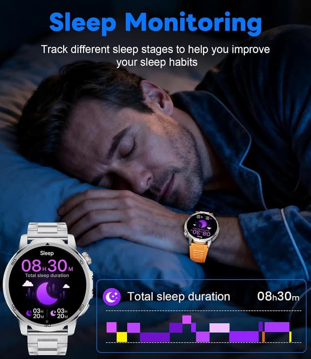 Detalle de Montre connectée homme 1,85" avec appels Bluetooth, cardio et sommeil, étanchéité IP68, torche LED 1000 mAh