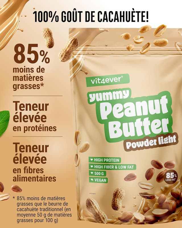 Detalle de Beurre de cacahuètes light en poudre Vit4ever (85%) 500 g, sans sucre ajouté