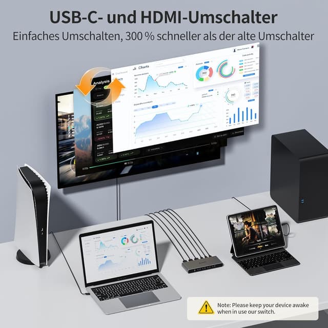 Detalle de Alxum HDMI Switch 4-in-1 (4K@60Hz, HDR, HDCP 2.3) mit 2× Type-C Eingängen – automatisches Umschalten