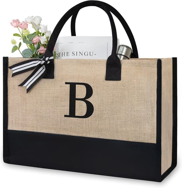 Detalle de TOPDesign Initial Jute/Canvas Tote Bag (Personalised Present Bag) in Jute & Polycotton