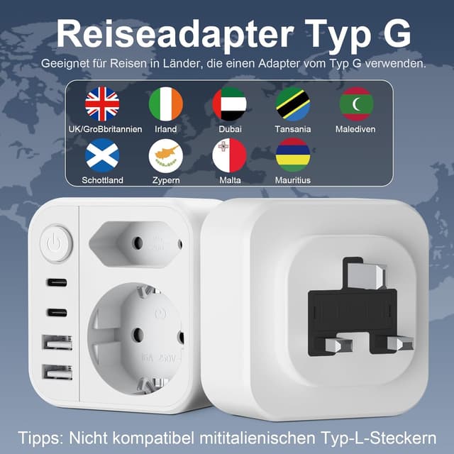 Detalle de Dalimee Reiseadapter UK Typ G (7 in 1) für England/Irland/Schottland & Dubai – Adapter von EU auf UK