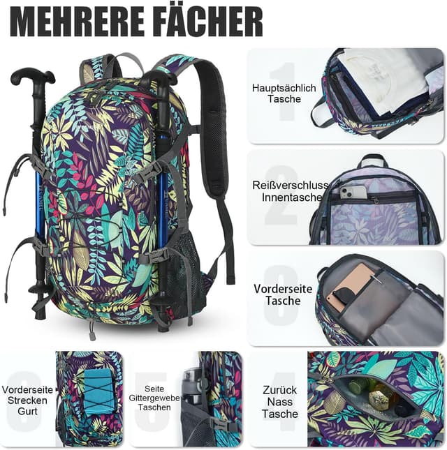 Detalle de BECOJADDE Wanderrucksack (faltbar) mit 40 l Nassfach – ultraleicht, wasserdicht, für Wandern & Reisen