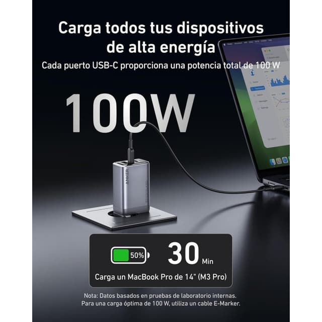 Detalle de Anker Prime Charger 100W GaN, 3 puertos USB/USB-C 🔌