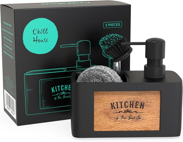 Detalle 2 de Chill House distributeur de savon pour cuisine avec porte éponge noir en polyrésine