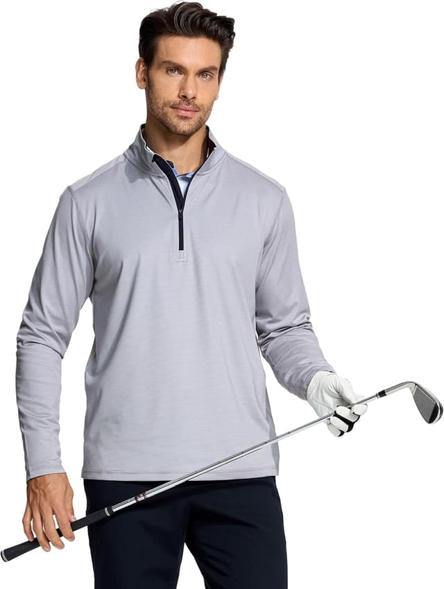 Detalle de Quarter Zip Pullover for Men with Dry Fit Stripe Mock Neck (1/4 Zip, UPF30+)