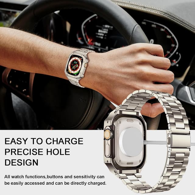 Detalle 2 de BAITEYOU Stainless Steel Watch Band with Protective Case for Apple Watch Ultra 3/2/1 (49mm) in Titanium Color