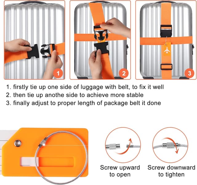 Detalle de Vinabo einstellbarer Koffergurt-Set (4 Stück) mit farbigen Kofferanhängern zum schnellen Wiederfinden