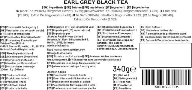 Detalle de VAHDAM Earl Grey Schwarztee (340 g) – loses Blatt, mit Bergamotteöl
