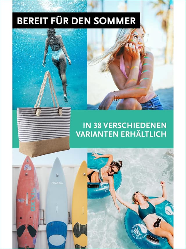 Detalle de DonDon Strandtasche mit Reißverschluss (XXL) – Shopper/Umhängetasche für Strand, Bad & Sauna