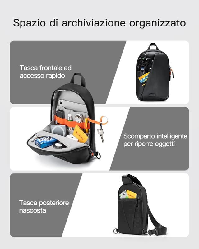 Detalle de Inateck Sling Bag X-Row: zaino monospalla compatto e organizzato per uomo