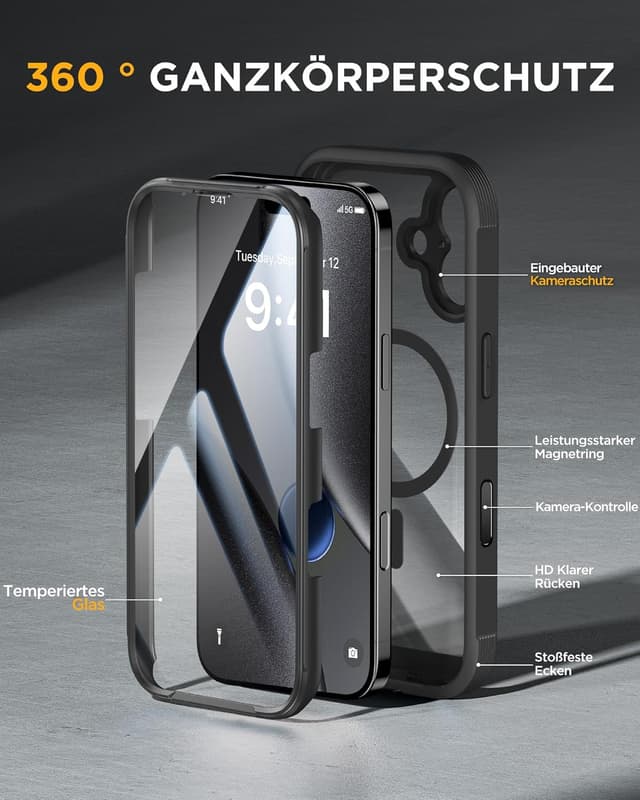 Detalle de Miracase 360° Schutzhülle für iPhone 17 mit MagSafe und integriertem 9H-Glas-Displayschutz (Schwarz, 6,3 Zoll)