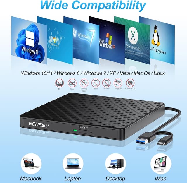 Detalle 2 de External USB 3.0 & Type-C Portable CD/DVD Drive (USB + Type-C), Slim DVD/CD Burner for Windows, Mac and Linux