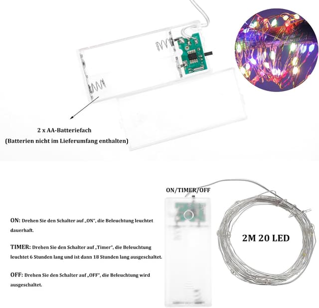 Detalle de Kaleora 6er LED-Lichterkette Batterie mit Timer (2 m, 20 bunte LEDs) – Kupferdraht für innen und abgedeckte Deko