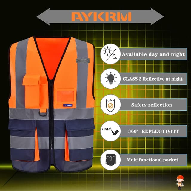 Detalle de AYKRM 21 Colours High-Vis Vest with Zipper Front, 360° Reflectivity & Phone/ID Pockets