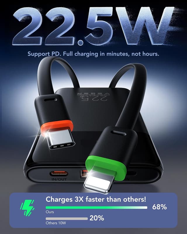 Detalle 2 de VEGER Power Bank 10000 mAh con cavi integrati e ricarica rapida 22,5W (4 uscite, display LED)