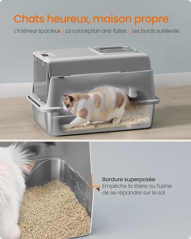 Detalle 2 de Feandrea PPT007GN01 – bac à litière en acier inoxydable avec couvercle, pelle, tapis et 2 entrées (jusqu’à 15 kg), gris tourterelle