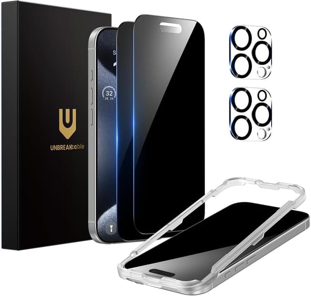Detalle de UNBREAKcable Privacy Screen Protector for iPhone 15 Pro Max (6.7-Inch) — 2-Pack + Lens Protectors, 25° Anti-Spy Tempered Glass